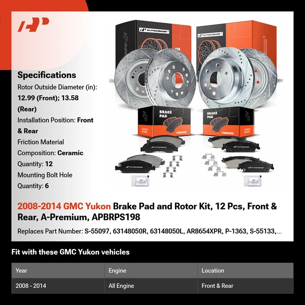 2008-2014 GMC Yukon Brake Pad and Rotor Kit, 12 Pcs, Front & Rear, A-Premium, APBRPS198