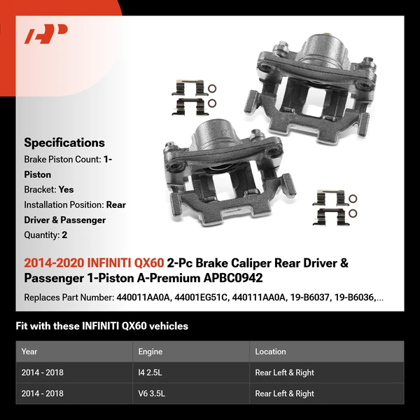 2014-2020 INFINITI QX60 2-Pc Brake Caliper Rear Driver & Passenger 1-Piston A-Premium APBC0942