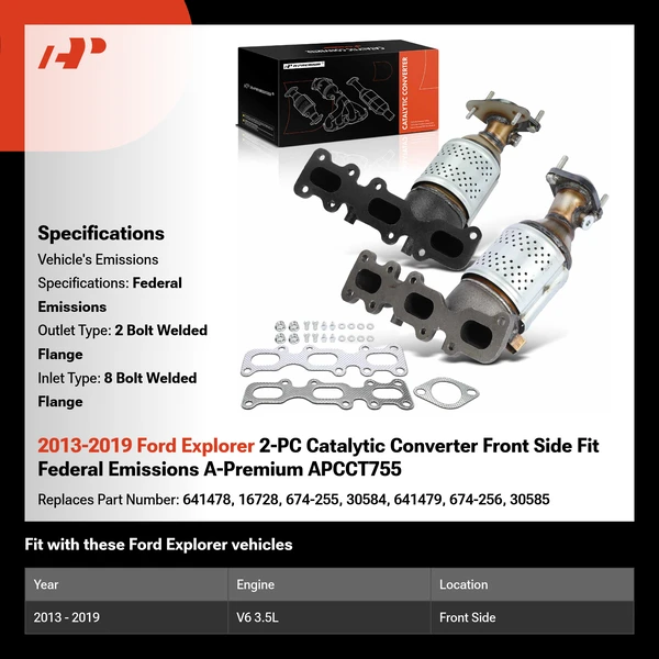 2013-2019 Ford Explorer 2-PC Catalytic Converter Front Side Fit Federal Emissions A-Premium APCCT755