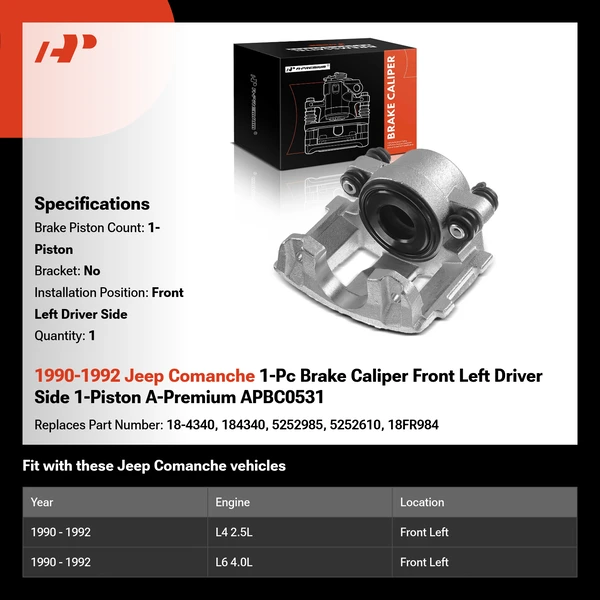 1990-1992 Jeep Comanche 1-Pc Brake Caliper Front Left Driver Side 1-Piston A-Premium APBC0531