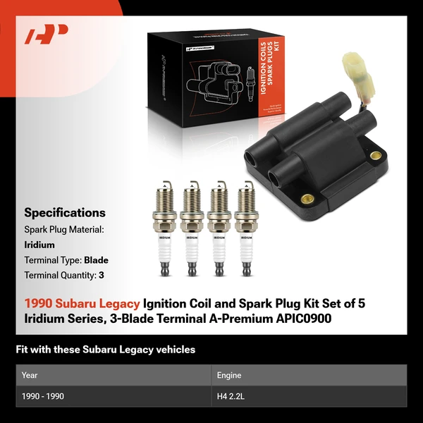 1990 Subaru Legacy Ignition Coil and Spark Plug Kit Set of 5 Iridium Series, 3-Blade Terminal A-Premium APIC0900
