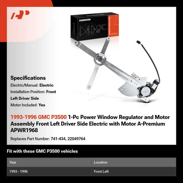 1993-1996 GMC P3500 1-Pc Power Window Regulator and Motor Assembly Front Left Driver Side Electric with Motor A-Premium APWR1968