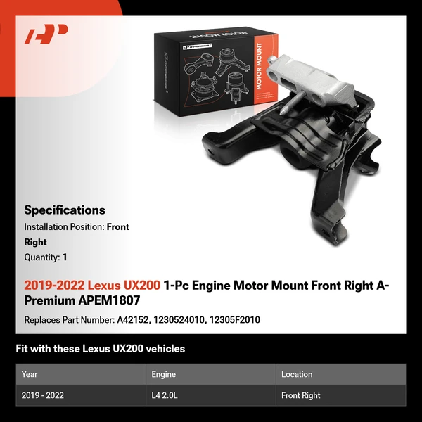 2019-2022 Lexus UX200 1-Pc Engine Motor Mount Front Right A-Premium APEM1807
