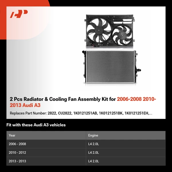 2 Pcs Radiator & Cooling Fan Assembly Kit for 2006-2008 2010-2013 Audi A3