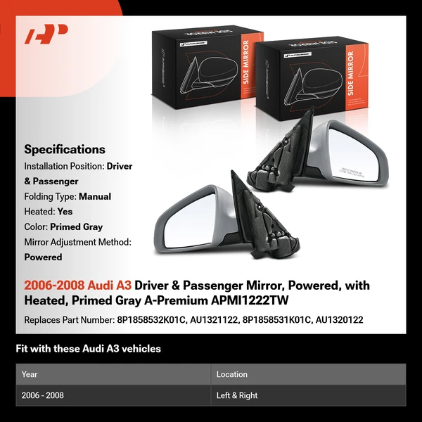 2006-2008 Audi A3 Driver & Passenger Mirror, Powered, with Heated, Primed Gray A-Premium APMI1222TW
