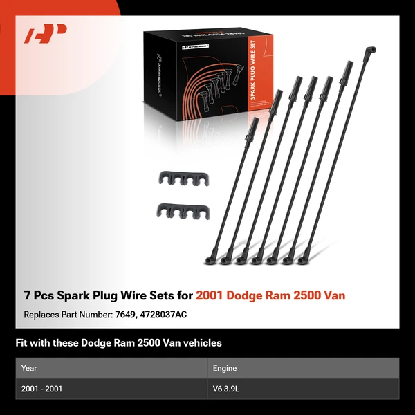 7 Pcs Spark Plug Wire Sets for 2001 Dodge Ram 2500 Van