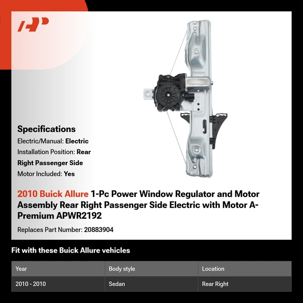 2010 Buick Allure 1-Pc Power Window Regulator and Motor Assembly Rear Right Passenger Side Electric with Motor A-Premium APWR2192