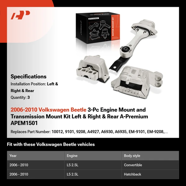 2006-2010 Volkswagen Beetle 3-Pc Engine Mount and Transmission Mount Kit Left & Right & Rear A-Premium APEM1501