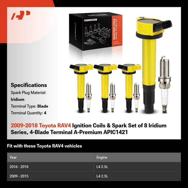 2009-2018 Toyota RAV4 Ignition Coils & Spark Set of 8 Iridium Series, 4-Blade Terminal A-Premium APIC1421