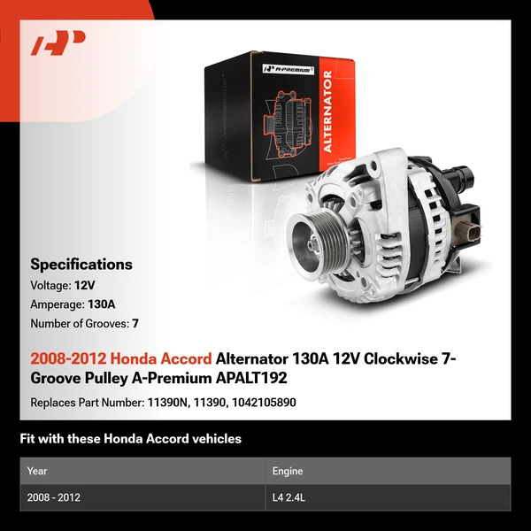 2008-2012 Honda Accord Alternator 130A 12V Clockwise 7-Groove Pulley A-Premium APALT192