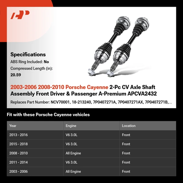 2003-2006 2008-2010 Porsche Cayenne 2-Pc CV Axle Shaft Assembly Front Driver & Passenger A-Premium APCVA2432