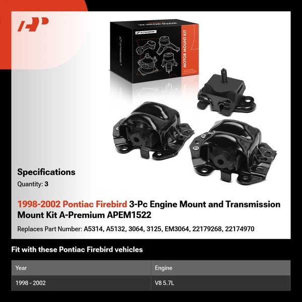 1998-2002 Pontiac Firebird 3-Pc Engine Mount and Transmission Mount Kit A-Premium APEM1522