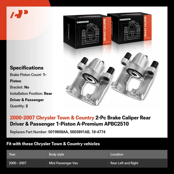 2000-2007 Chrysler Town & Country 2-Pc Brake Caliper Rear Driver & Passenger 1-Piston A-Premium APBC2510