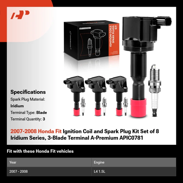 2007-2008 Honda Fit Ignition Coil and Spark Plug Kit Set of 8 Iridium Series, 3-Blade Terminal A-Premium APIC0781