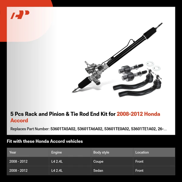 5 Pcs Rack and Pinion & Tie Rod End Kit for 2008-2012 Honda Accord