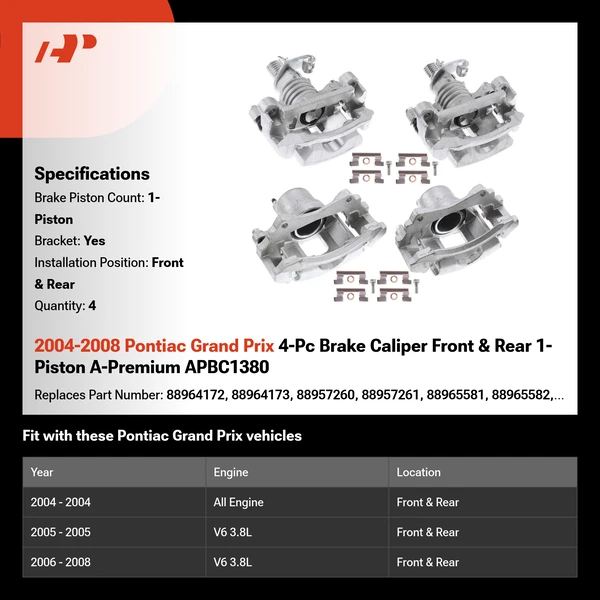 2004-2008 Pontiac Grand Prix 4-Pc Brake Caliper Front & Rear 1-Piston A-Premium APBC1380
