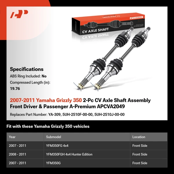 2007-2011 Yamaha Grizzly 350 2-Pc CV Axle Shaft Assembly Front Driver & Passenger A-Premium APCVA2049