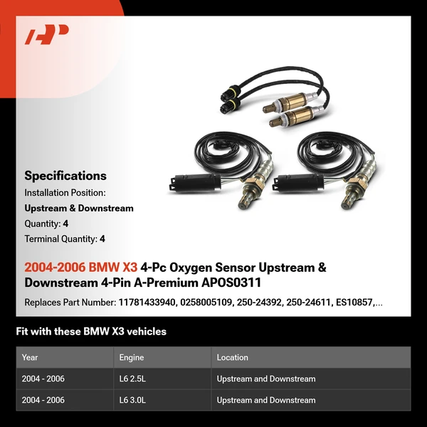 2004-2006 BMW X3 4-Pc Oxygen Sensor Upstream & Downstream 4-Pin A-Premium APOS0311