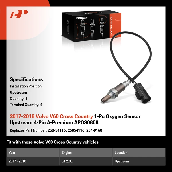 2017-2018 Volvo V60 Cross Country 1-Pc Oxygen Sensor Upstream 4-Pin A-Premium APOS0808