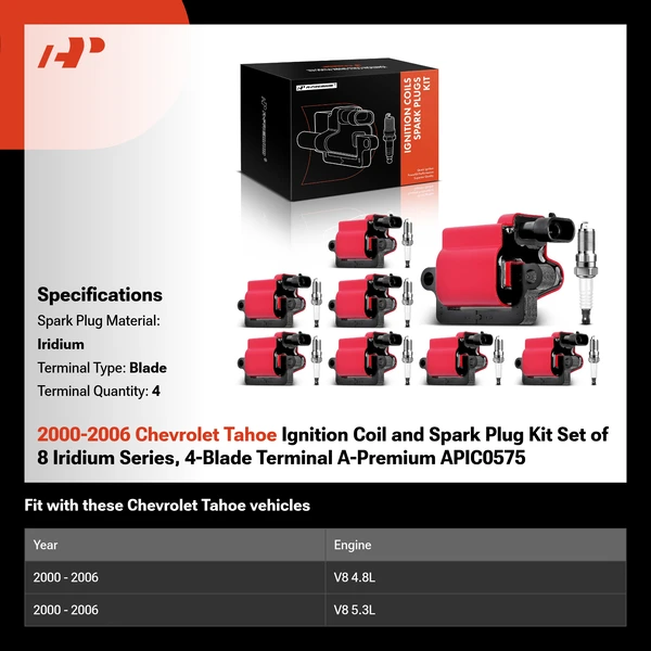 2000-2006 Chevrolet Tahoe Ignition Coil and Spark Plug Kit Set of 8 Iridium Series, 4-Blade Terminal A-Premium APIC0575