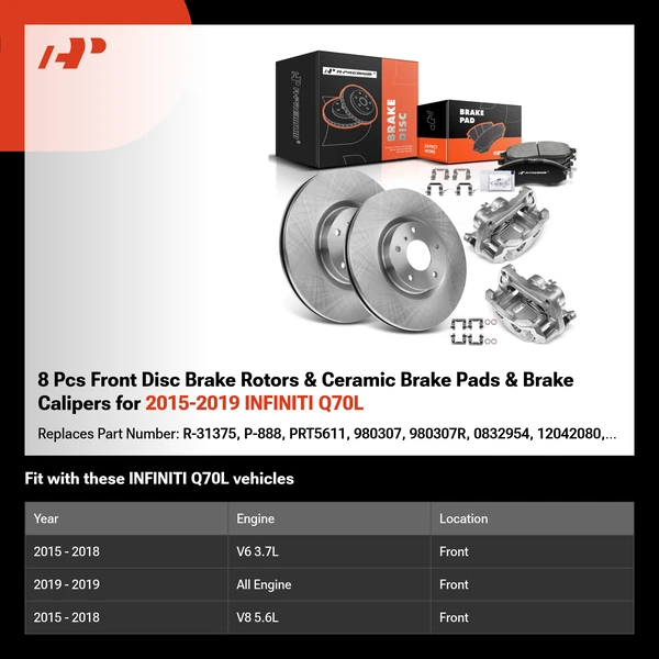8 Pcs Front Disc Brake Rotors & Ceramic Brake Pads & Brake Calipers for 2015-2019 INFINITI Q70L