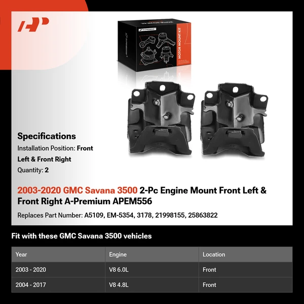 2003-2020 GMC Savana 3500 2-Pc Engine Mount Front Left & Front Right A-Premium APEM556