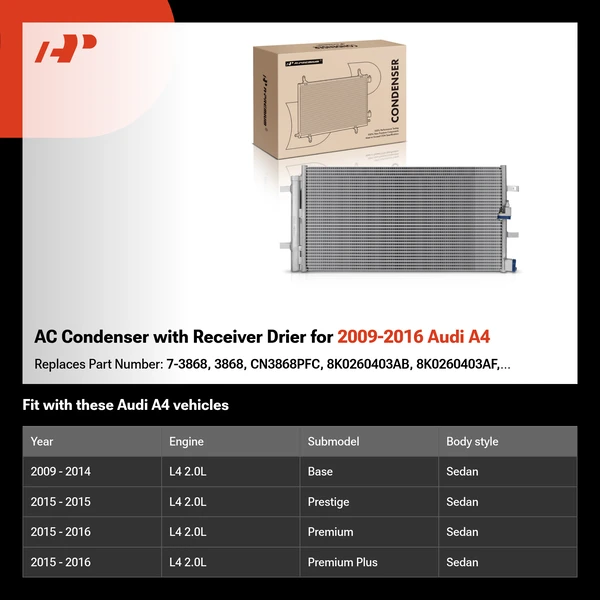 AC Condenser with Receiver Drier for 2009-2016 Audi A4
