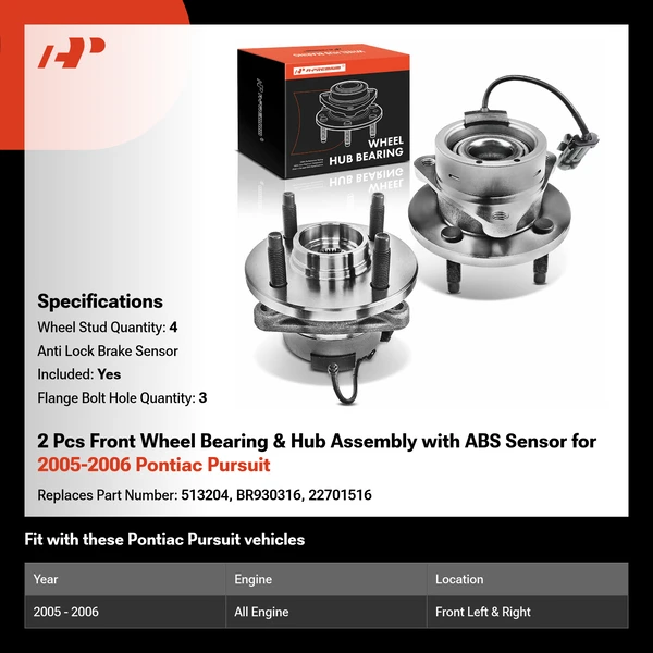 2 Pcs Front Wheel Bearing & Hub Assembly with ABS Sensor for 2005-2006 Pontiac Pursuit