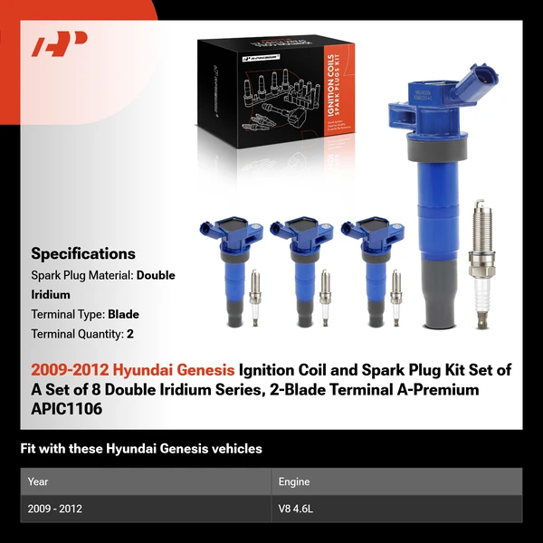 2009-2012 Hyundai Genesis Ignition Coil and Spark Plug Kit Set of A Set of 8 Double Iridium Series, 2-Blade Terminal A-Premium APIC1106