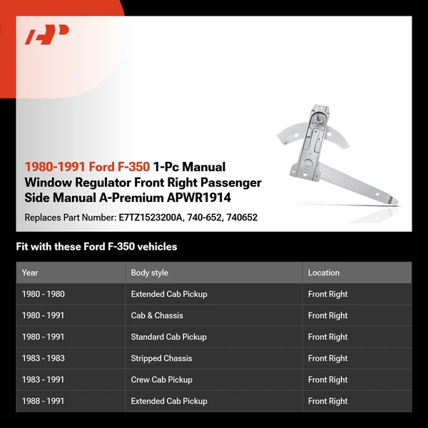 1980-1991 Ford F-350 1-Pc Manual Window Regulator Front Right Passenger Side Manual A-Premium APWR1914