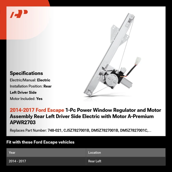 2014-2017 Ford Escape 1-Pc Power Window Regulator and Motor Assembly Rear Left Driver Side Electric with Motor A-Premium APWR2703