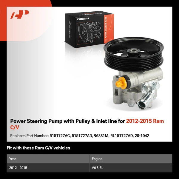 Power Steering Pump with Pulley & Inlet line for 2012-2015 Ram C/V