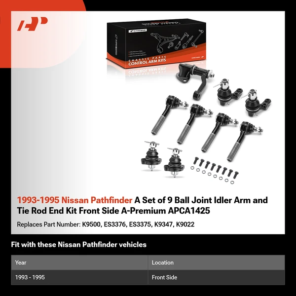 1993-1995 Nissan Pathfinder A Set of 9 Ball Joint Idler Arm and Tie Rod End Kit Front Side A-Premium APCA1425
