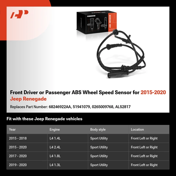 Front Driver or Passenger ABS Wheel Speed Sensor for 2015-2020 Jeep Renegade
