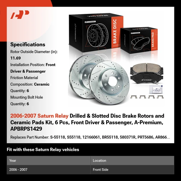2006-2007 Saturn Relay Drilled & Slotted Disc Brake Rotors and Ceramic Pads Kit, 6 Pcs, Front Driver & Passenger, A-Premium, APBRPS1429