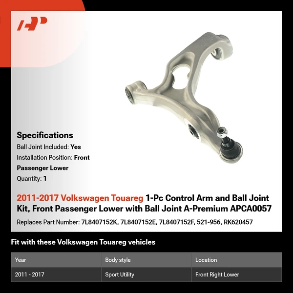 2011-2017 Volkswagen Touareg 1-Pc Control Arm and Ball Joint Kit, Front Passenger Lower with Ball Joint A-Premium APCA0057