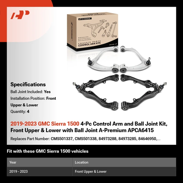 2019-2023 GMC Sierra 1500 4-Pc Control Arm and Ball Joint Kit, Front Upper & Lower with Ball Joint A-Premium APCA6415