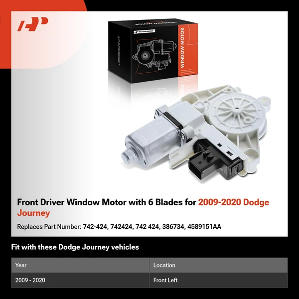 Front Driver Window Motor with 6 Blades for 2009-2020 Dodge Journey