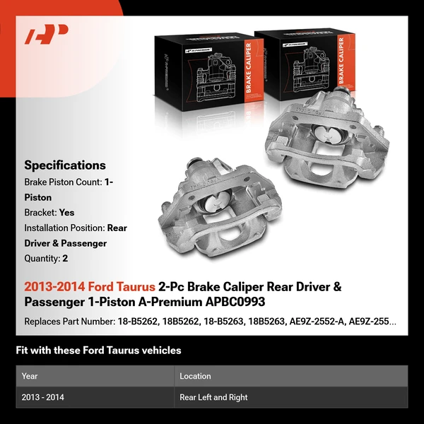 2013-2014 Ford Taurus 2-Pc Brake Caliper Rear Driver & Passenger 1-Piston A-Premium APBC0993