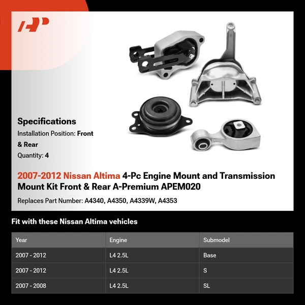 2007-2012 Nissan Altima 4-Pc Engine Mount and Transmission Mount Kit Front & Rear A-Premium APEM020