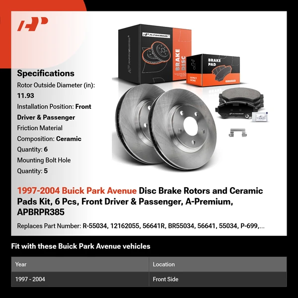 1997-2004 Buick Park Avenue Disc Brake Rotors and Ceramic Pads Kit, 6 Pcs, Front Driver & Passenger, A-Premium, APBRPR385
