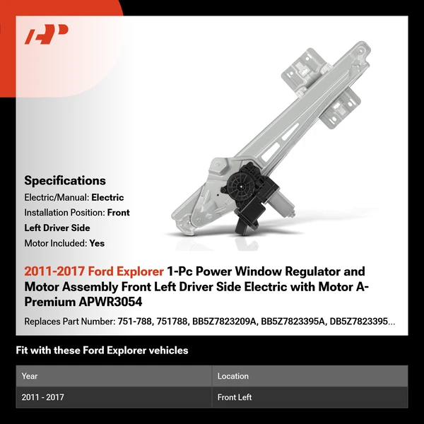2011-2017 Ford Explorer 1-Pc Power Window Regulator and Motor Assembly Front Left Driver Side Electric with Motor A-Premium APWR3054
