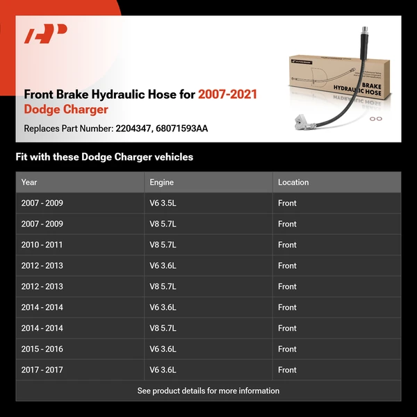 Front Brake Hydraulic Hose for 2007-2021 Dodge Charger