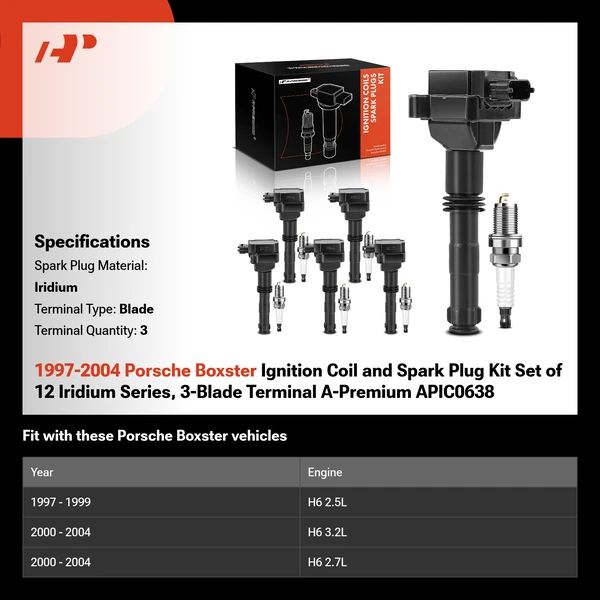 1997-2004 Porsche Boxster Ignition Coil and Spark Plug Kit Set of 12 Iridium Series, 3-Blade Terminal A-Premium APIC0638