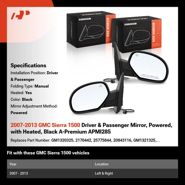 2007-2013 GMC Sierra 1500 Driver & Passenger Mirror, Powered, with Heated, Black A-Premium APMI285