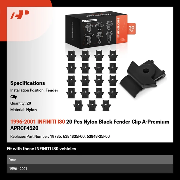1996-2001 INFINITI I30 20 Pcs Nylon Black Fender Clip A-Premium APRCF4520