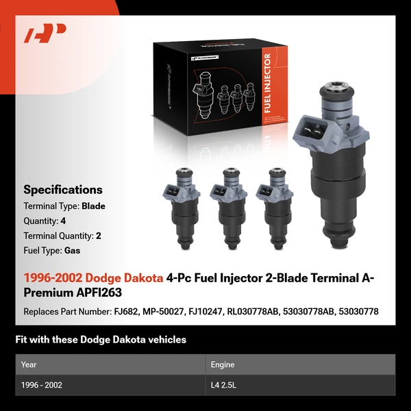 1996-2002 Dodge Dakota 4-Pc Fuel Injector 2-Blade Terminal A-Premium APFI263