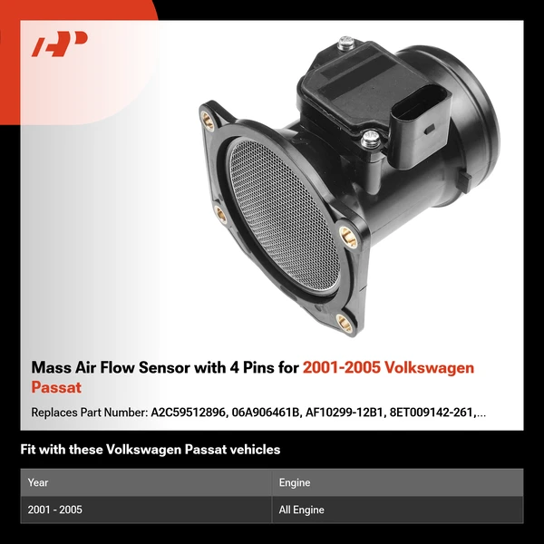 Mass Air Flow Sensor with 4 Pins for 2001-2005 Volkswagen Passat
