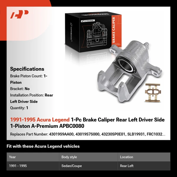 1991-1995 Acura Legend 1-Pc Brake Caliper Rear Left Driver Side 1-Piston A-Premium APBC0080