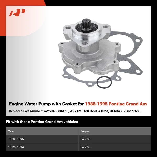 Engine Water Pump with Gasket for 1988-1995 Pontiac Grand Am